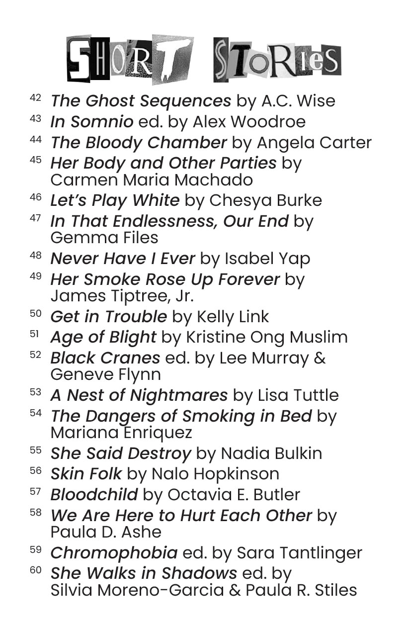 Subgenre is Short Stories, books are: The Ghost Sequences by Wise, In Somnio edited by Woodroe, The Bloody Chamber by Carter, Her Body and Other Parties by Machado, Let's Play White by Burke, In That Endlessness Our End by Files, Never Have I Ever by Yap, Her Smoke Rose Up Forever by Tiptree Jr, Get in Trouble by Link, Age of Blight by Muslim, Black Cranes edited by Murray and Flynn, A Nest of Nightmares by Tuttle, The Dangers of Smoking in Bed by Enriquez, She Said Destroy by Bulkin, Skin Folk by Hopkinson, Bloodchild by Butler, We Are Here to Hurt Each Other by Ashe, Chromophobia edited by Tantlinger, and She Walks in Shadows edited by Moreno-Garcia and Stiles.