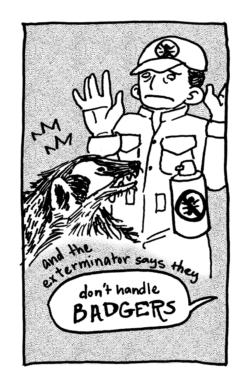 An exterminator being threatened by a badger with the text And the exterminator says they don't handle badgers