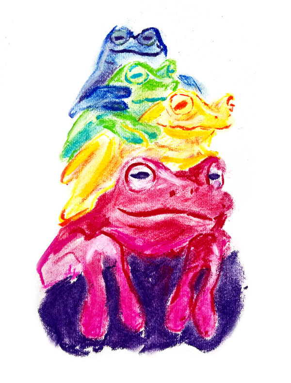 Oil pastel drawing of four frogs sitting on top of each other, each a different color in the order of the rainbow.